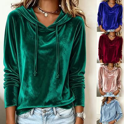 Womens Solid Velvet Casual Pullover Top Winter 2026 V-Neck Long Sleeve Loose Fit