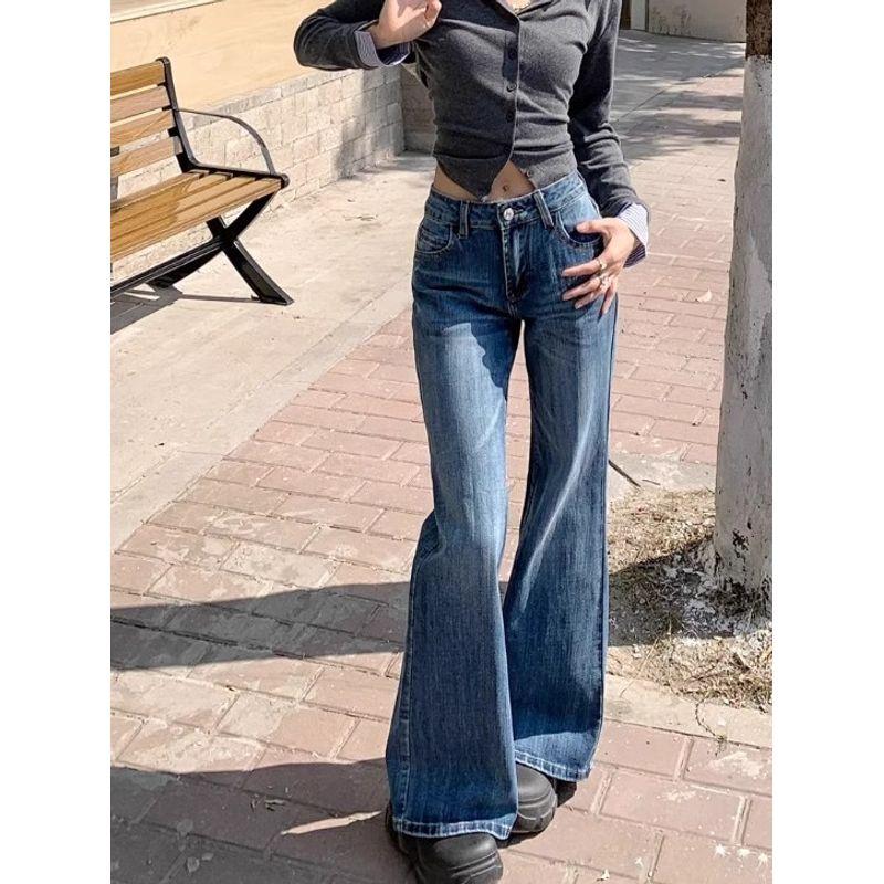 Dark Blue Denim Women's Autumn Small Low Waist Loose Pants Loose Pants Easiest for Match Bootleg Pants Pants Tide