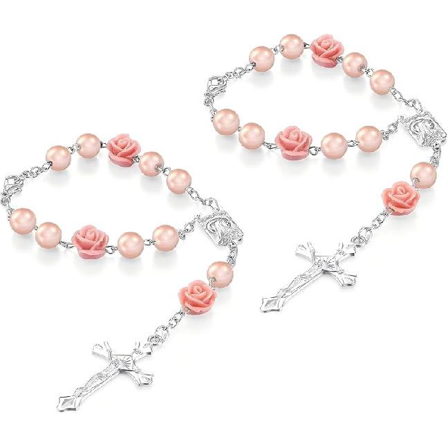 2PCS Car Rose Rosary for Rearview Mirror, Cross Blessing Rear View Mirror Hanging Decors, Auto Interior Hanging Accessories for SUV, Sedan, Truck