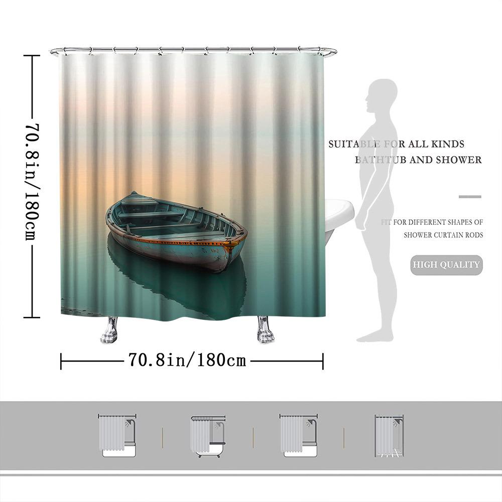 Serene Waterscape Shower Curtain, Wooden Boat at Dawn, Peach to Blue Gradient, Fade-Resistant Polyester,Bathroom Decor