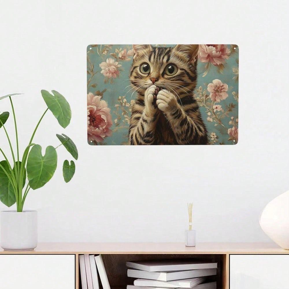 Tin Wall Art Metal Sign 8x12 Inch Funny Cat Covering Mouth Vintage Home Decor Poster Cafe Bar Office