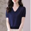 Summer Women's V-neck Knitted T-shirt Top T-shirt Solid Color Top