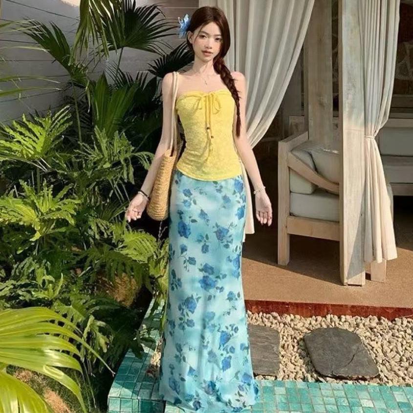 

Yellow Jacquard Bandeau Vest & Floral Midi Skirt Two-Piece Summer Set S