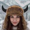 Windproof Fabric Faux Fur Hat Mink Texture Ear Flap Headwear Bull Horns Bonnet  Camping Trips