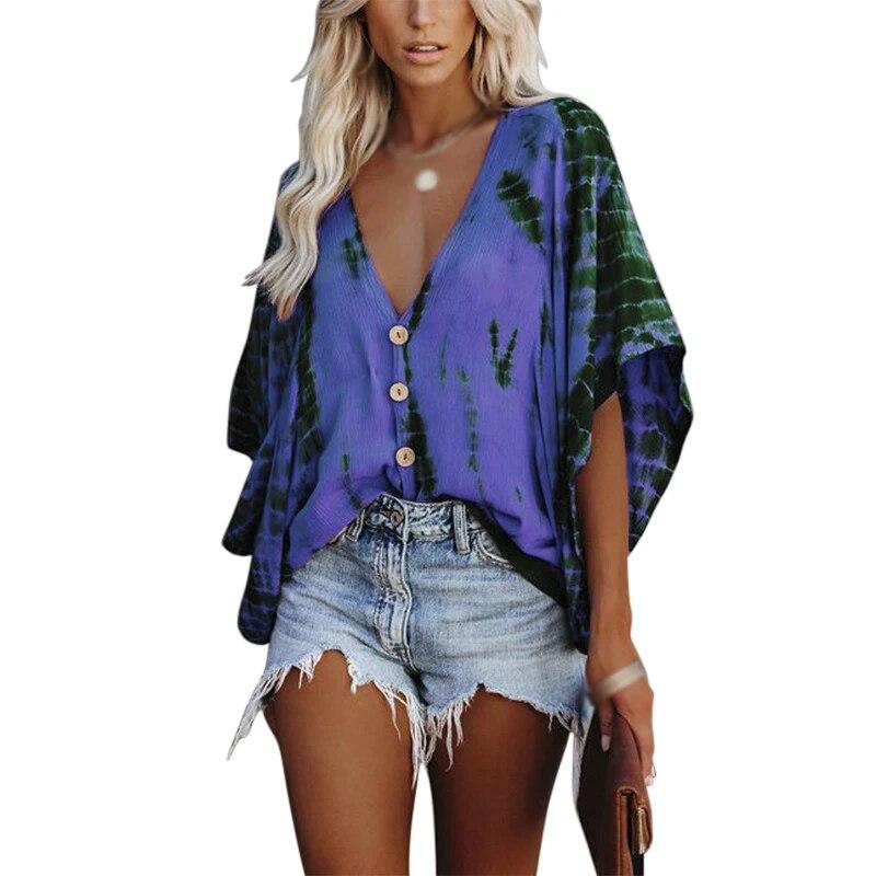 Women's Tie-dyed Chiffon Blouses Summer Deep V Neck 3/4 Bell Sleeve Button Down Blouses Tees Casual Loose Shirts