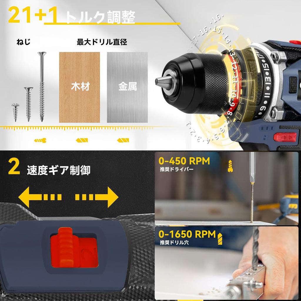 EIANLON Powerful Brushless Motor Drill Driver with Two Drill Compact Rechargeable Electric Screwdriver Set with Torque Maximum 45 Speed 35 and