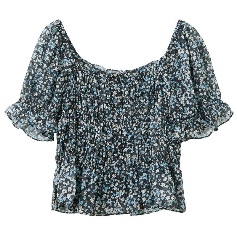 Women s Floral Puff Sleeve Square Neck Short Top XL