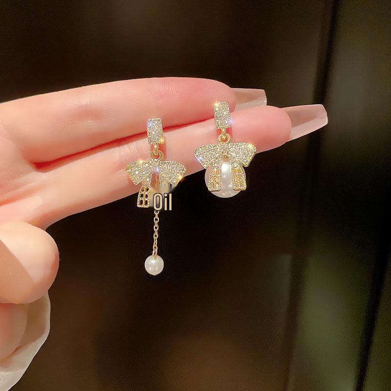 925 Silver Pearl Tassel Bow Dangle Earrings for Women Gold сплава