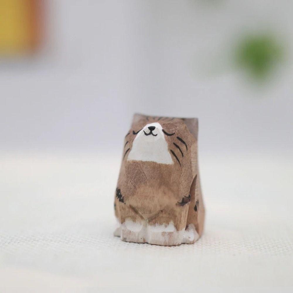 Mini Wooden Animal Figurine Painted Small Animal Dolls Cats Crafts Ornaments Kitten Sculpture Home