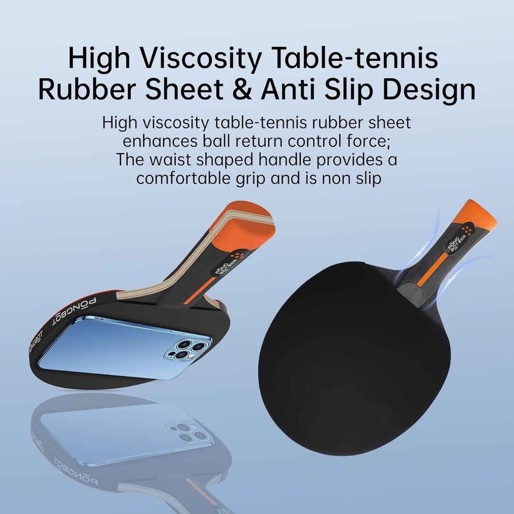 PONGBOT Five-Star Ping Pong Paddle, Professional Level Table Tennis Racket with Hard Case, Carbon Fiber, 7-Ply Blade, Premium Rubber, for Competitive