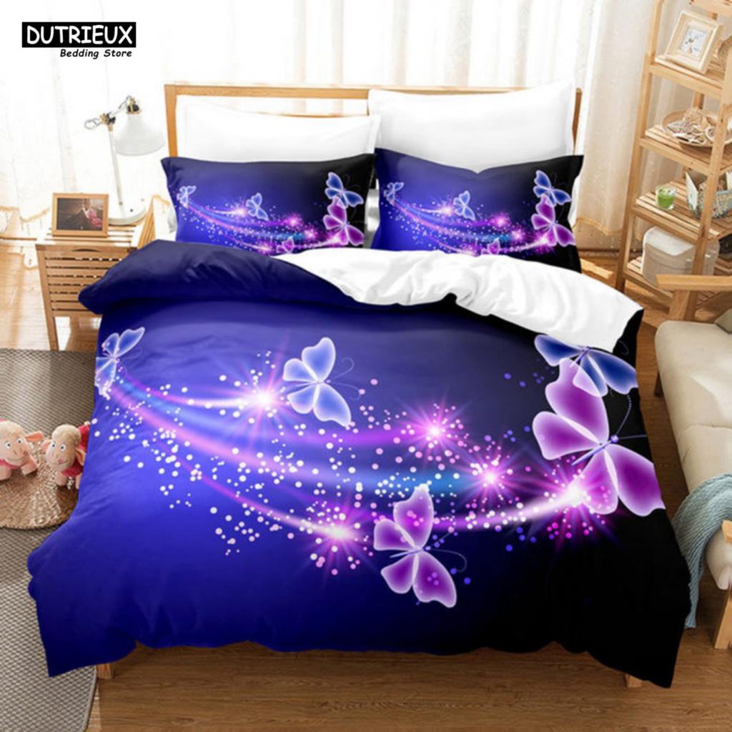 Purple Flower Bedding Set Butterfly Bed Linen Double Queen King Twin Full Women Girls Romantic Lavender Duvet Cover Pillowcase