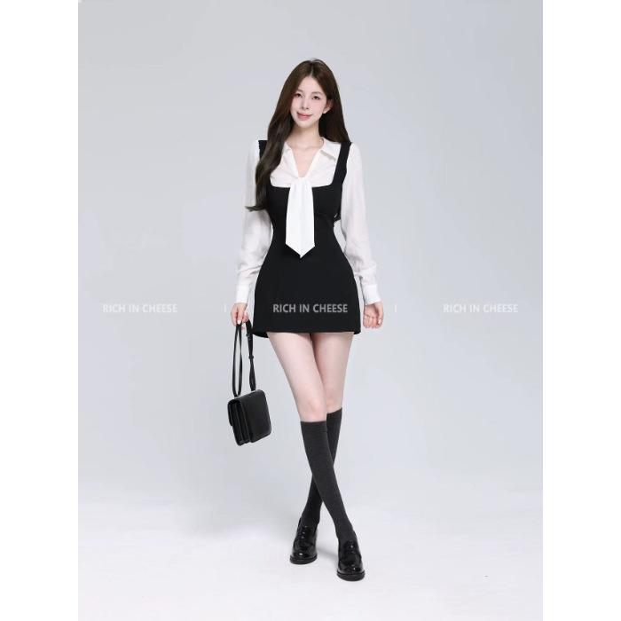 Large size fat MM fake two-piece long-sleeved dress women's autumn college style waist and thin age-reducing shirt skirt short skirt