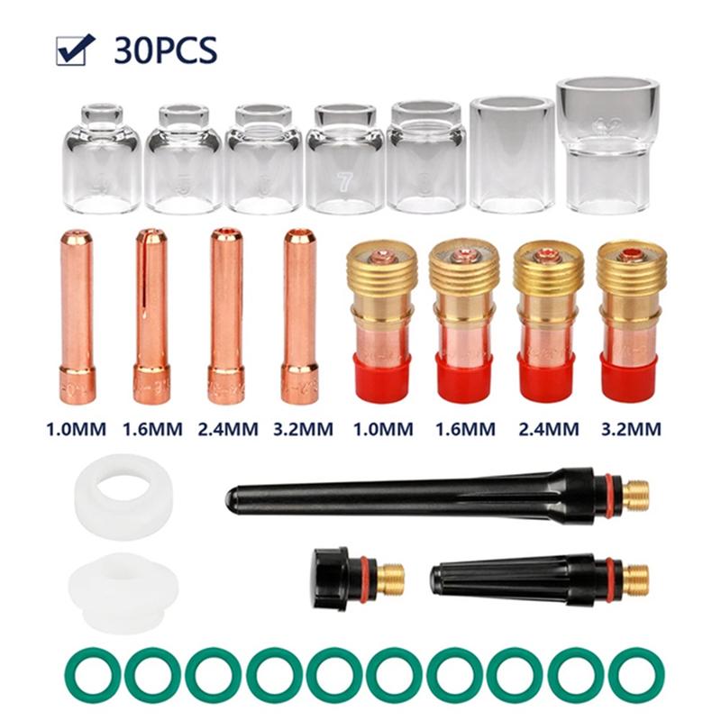 ABUL-30Pcs TIG Welding Torch Accessories Stubby Gas Lens 4 -12 Cup Kit For WP-17/18/26 Torch Welding Supplies