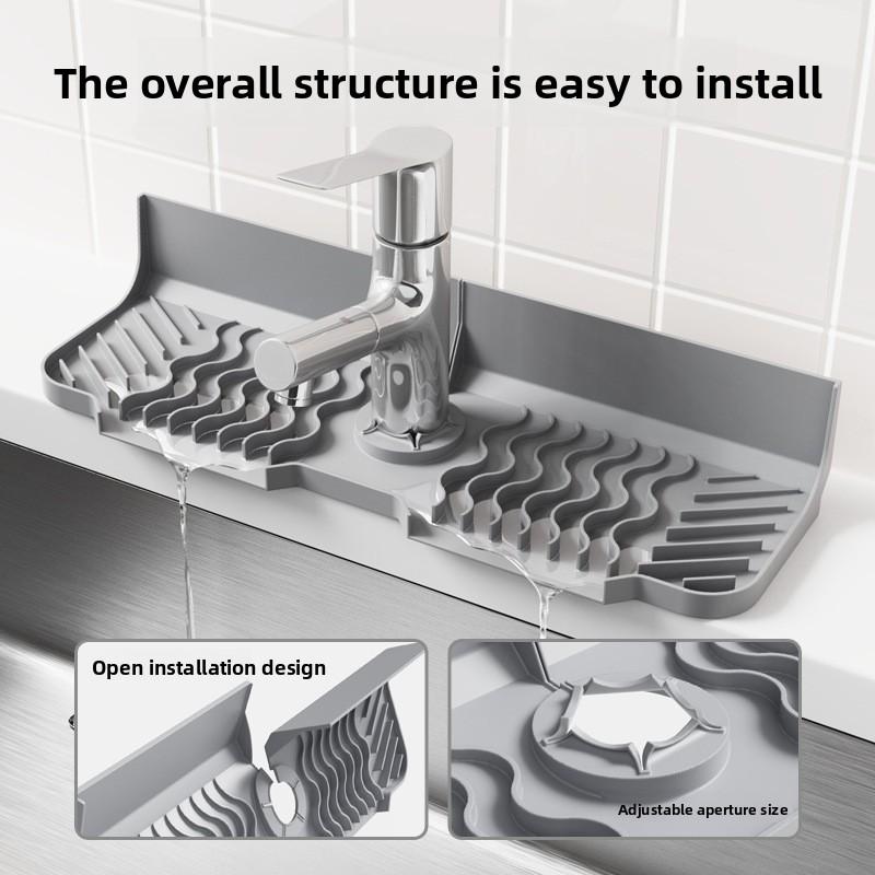 Silicone Faucet Drip Tray - Sink Splash Guard with Soap Holder Drying Rack for Bathroom Vanity and Countertop Storage