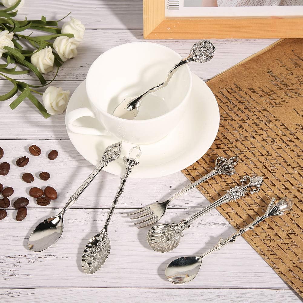 6PCS Vintage Coffee Spoons, Tea Fork Set, Zinc Crystal Mini Fancy Dessert Tableware for Home Office Party Coffee Bar