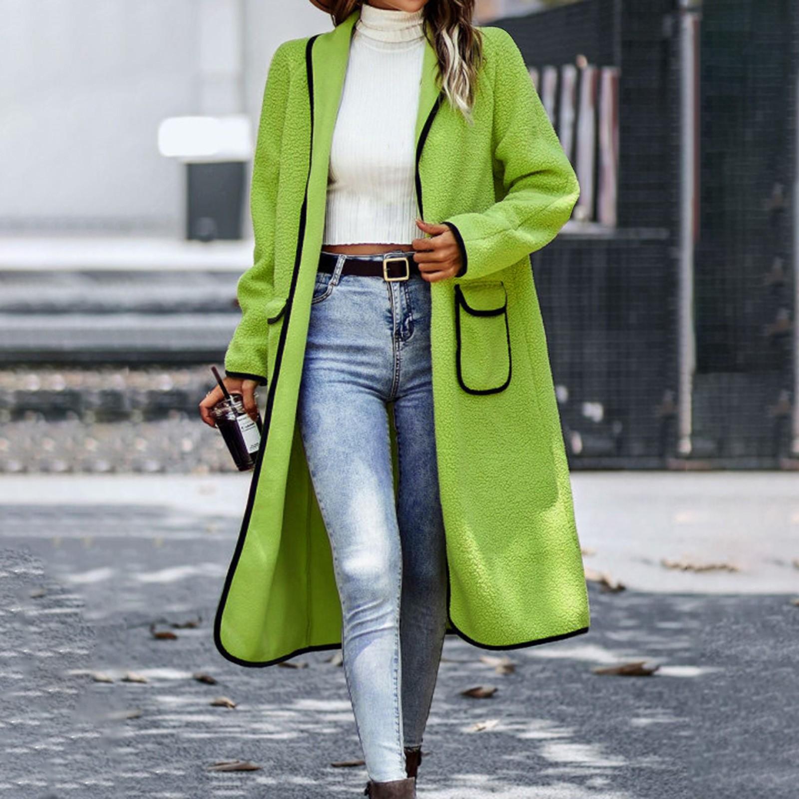 

Женская мода с лацканами сплошной цвет с длинным рукавом из овечьей шерсти повседневное сто длинное пальто XL