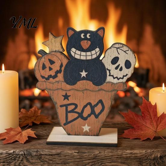 Natural Craftsmanship Gifts Cute Halloween Black Cat Pumpkin Skull Decor, Vintage Boo Wooden Sturdy Decorative Accents Signs, Tabletop Decoration for