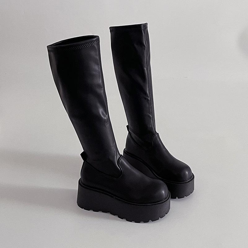 Fashion heightening platform leather boots Internet celebrity explosion boots women's autumn and winter retro versatile solid color thin fashion boots