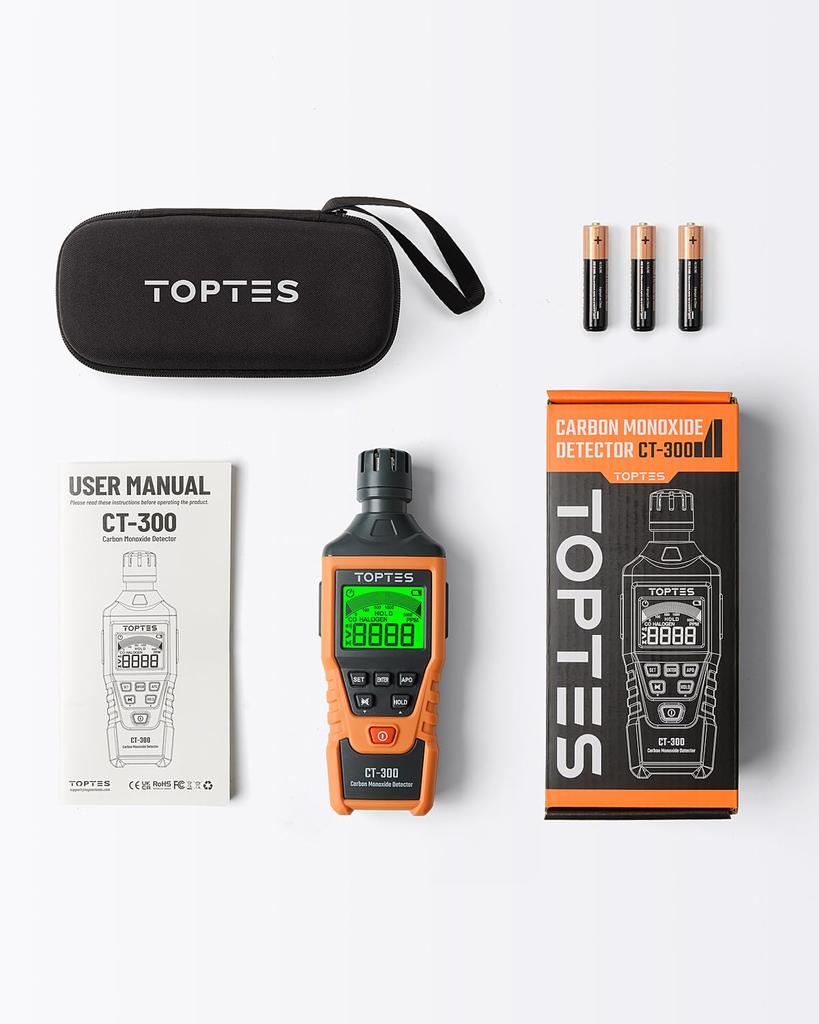 TopTes Carbon Monoxide CO Meter with Audio and Visual High Accuracy Portable CO Gas Tester with Backlit LCD Screen for and Industrial Use Orange