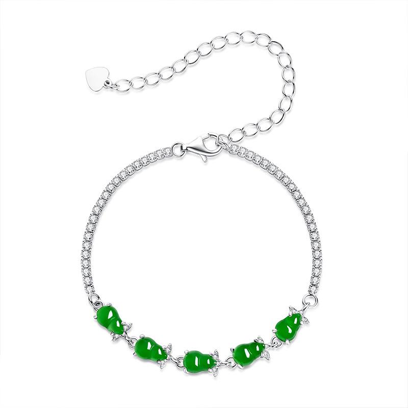 Natural high-quality yang green jadeite gourd bracelet s925 silver inlaid fashion versatile gift 925 silver
