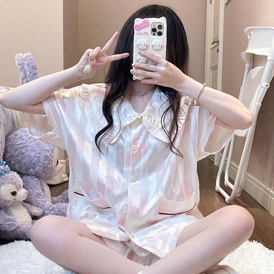 Sommer Neue Damen Süße Satin Seide Floral Bedruckte Pyjamas Set Kurzarm + Hosen Frauen Ice Silk Nette Homewear Casual Wear