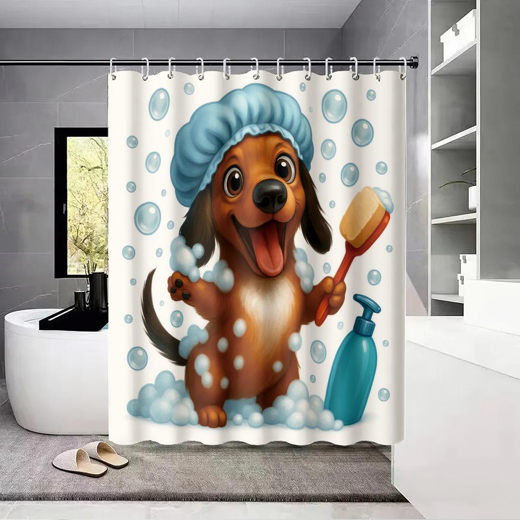 1pc Cute Bathing Sausage Dog Printe Shower Partition Privacy Hanging Curtain with 12 Hooks Multiple Sizes Easy Installation