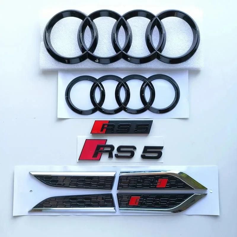 qwe2 RS5 4-Ring logo ABS Black Car Hood Front Grill Emblem Rear Trunk Badge Sticker RS5 Sticker RS5 Car Fender Side Emblem
