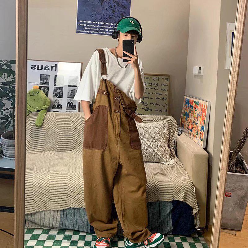 Men's Japanese Retro Reversible Neutral Overalls - Orange & Brown, Loose-Fit, Couple's Style.
