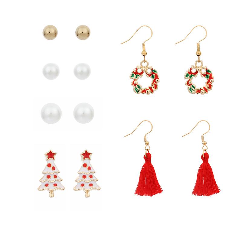 

European and American new accessories cute cartoon Christmas earrings combination set ins pearl fringed earrings