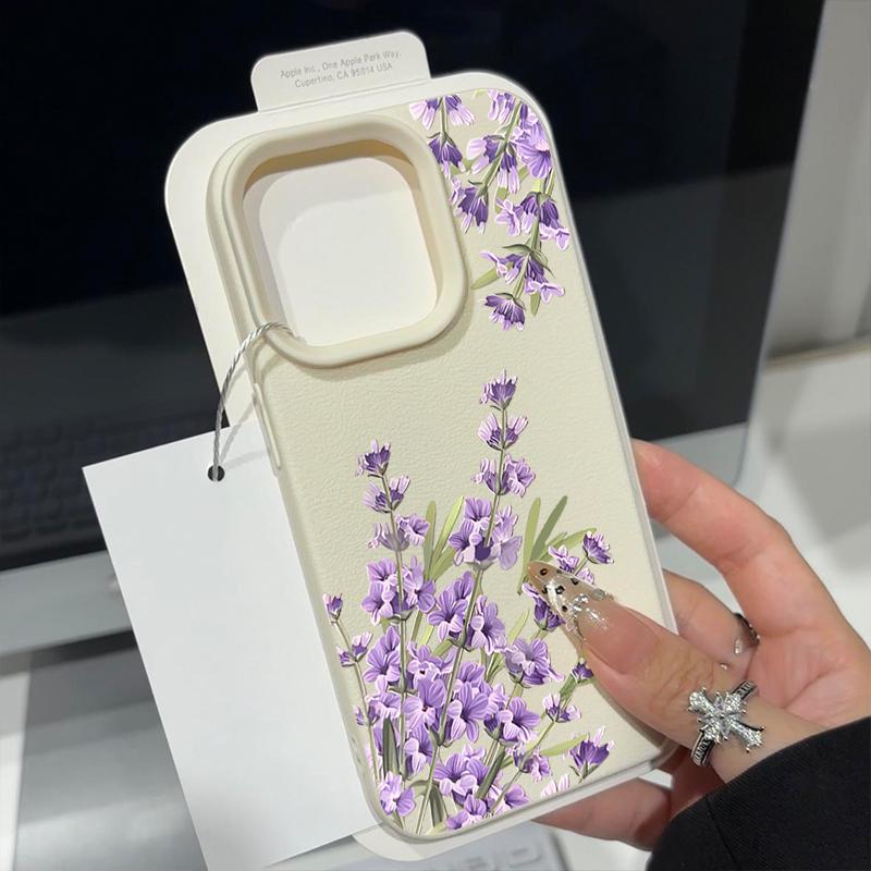 Matte Leather Texture Shockproof Phone Case For iPhone 16 Pro Max 15 14 Pro 13 12 11 Purple Flower Pattern Slim TPU Soft Bumper Cover