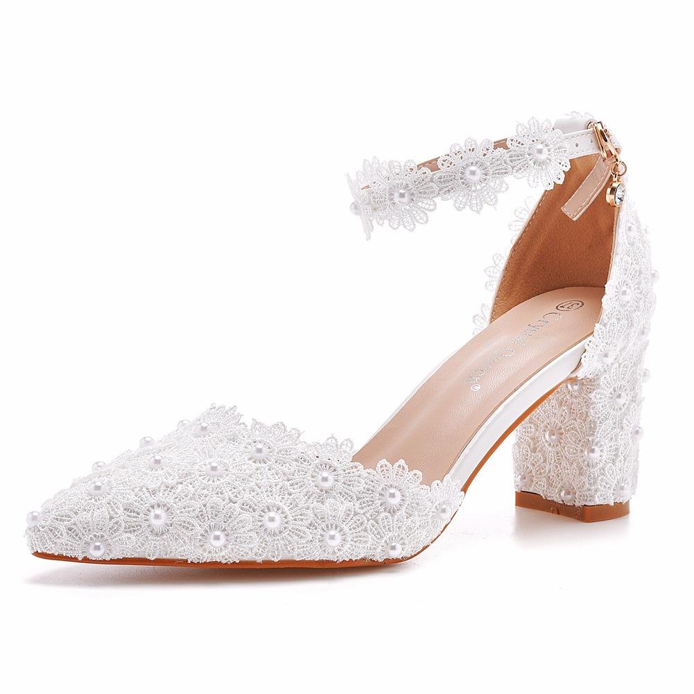 Crystal Queen Lace Flower Sandals Pointed Toe Pumps Dress Party Square High Heels Summer Women Weding Shoes