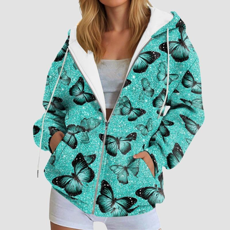 Damen Kapuzenpullover mit Schmetterlings-Grafik Herbst Reißverschluss Langarm Lockere Jacken Mäntel Streetwear Harajuku Lässige Kapuzenpullover