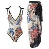 V-neck Tie Up 1 Piece Swimsuit for Women Fashion Printed Bikini Swimwear High Waisted Bath Suits with Cover Up Beach Skirt