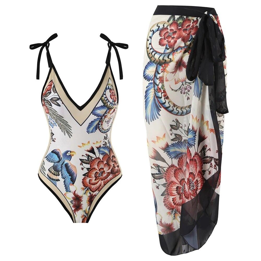 V-neck Tie Up 1 Piece Swimsuit for Women Fashion Printed Bikini Swimwear High Waisted Bath Suits with Cover Up Beach Skirt