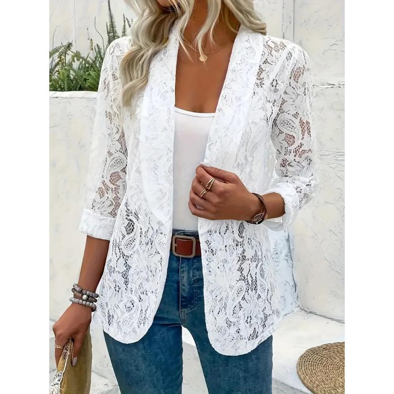 Large Floral Patterned Open Top Suit Jacket, Elegant Summer and Spring Long Sleeved Jacket, Women's Plus Size Clothing