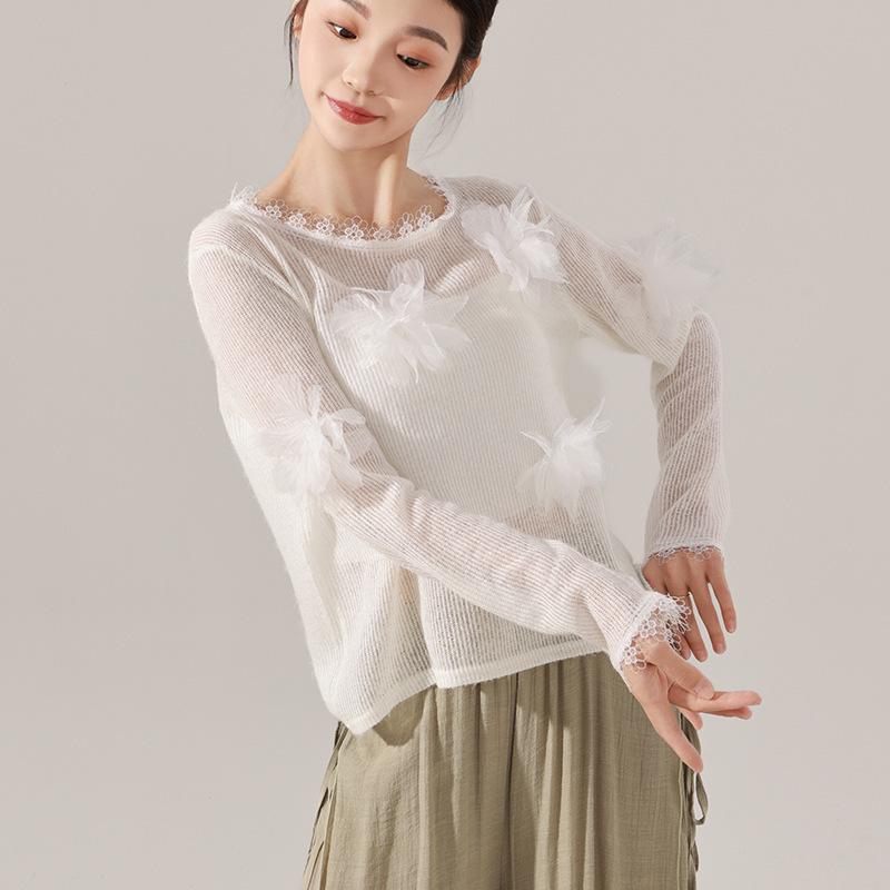 

Женский трикотажный танцевальный топ с длинным рукавом и цветочным узором Large