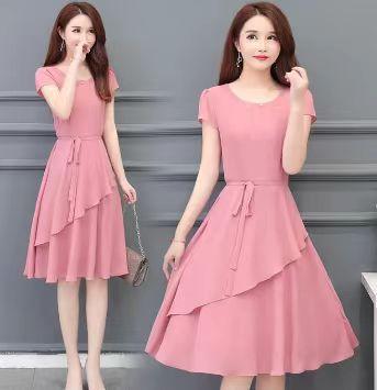 Women's Summer A‑Line Dress Short Sleeve Solid Color Midi Dress With Tie Waist Korean Slim Casual Dress