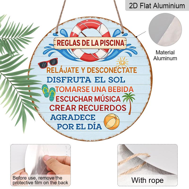 2D Flat, 1pc 7.87x7.87in/20x20cm Round Aluminum Sign, Vintage "Pool Rules" Decorative Plaque, "Summer Beach Fun & Relaxation Rules" Decorative Sign