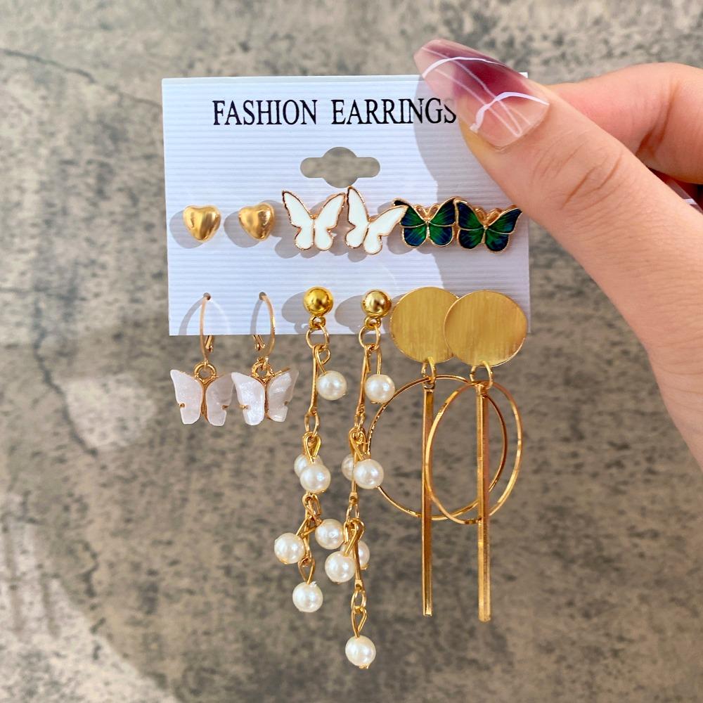 6 Pair Gold Vintage Geometry Pearl Earrings Set Metal Twine Square Dangle Earrings