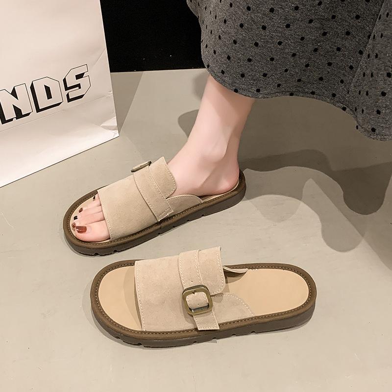 Fashion Suede Leather Women's Flat Slippers Fashion Buckle Belt Non-Slip Sandals Large Size Woman Summer Casual Shoes Platform Sandalias