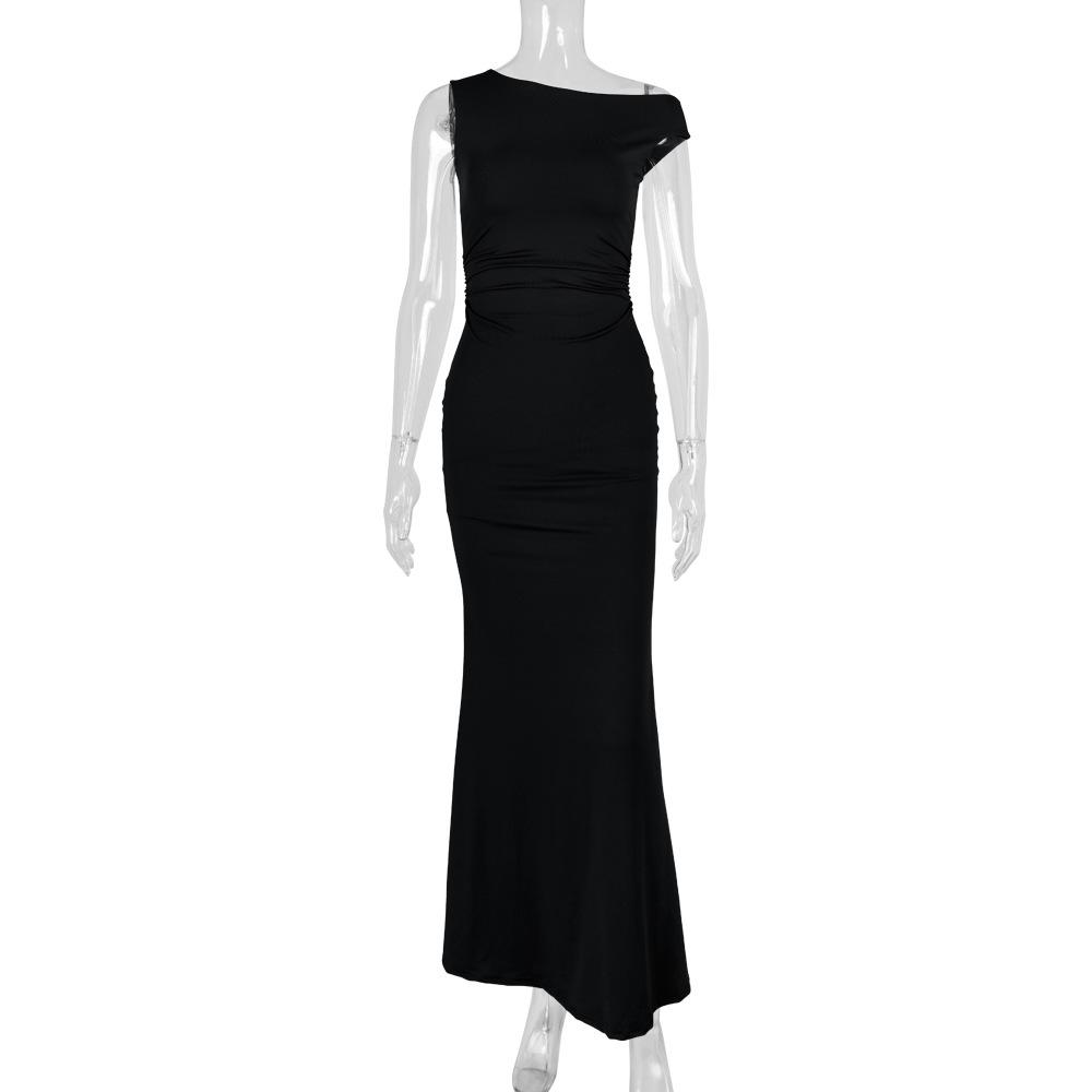 European and American Women's Fishtail Skirt with Sloping Shoulder Collar and Sleeveless Sexy Dress