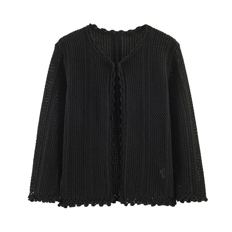 Women Long Sleeve Crew Neck Hollow Knit Cardigan