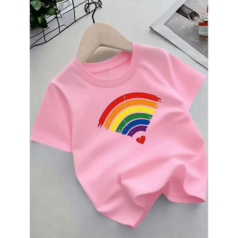 

European sizes Summer Short Sleeve T-Shirt - Soft Round Neck Top with Rainbow & - for Kids, & Little - Casual Everyday & party Wear, - 164cm рожевий