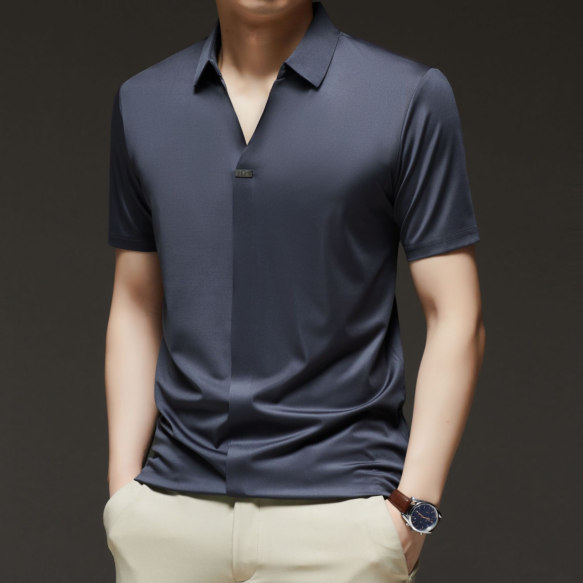 Summer Men s Ice Short Sleeve Sea T-Shirt Lapel Collar Polo Top M