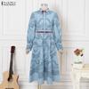 ZANZEA Women Casual Round Neck Long Sleeve Loose Print Long Dress