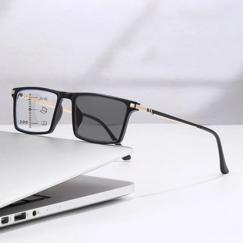 Retro Pochromic Multifocal Reading Glasses for Men Women Ultralight HD Progressive Presbyopia Unisex Square Anti-UV Glasses