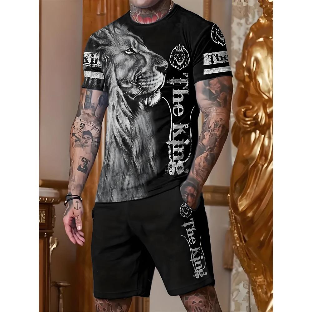 Fashion Lion Pattern Shorts Short Sleeved Set Men's Quick Drying Sports T-shirt Drawstring Shorts Two-piece Set Men's T-shirt