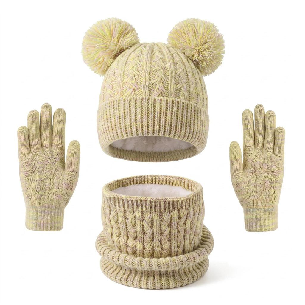 Kids Winter Warm Knitted Set Pom‑pom Hat Scarf Gloves 3‑Pcs Set Or Single Beanie Hat Windproof Ear Protection For Boys Girls Cold Weather Outdoor