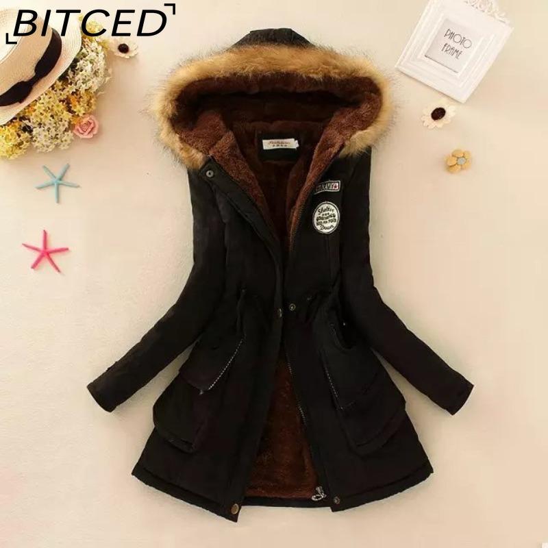 BITCED Fall/Winter Women's Plus Size Thickened Standard-Fit Long-Sleeve Hooded Shearling-Lined Cotton Jacket