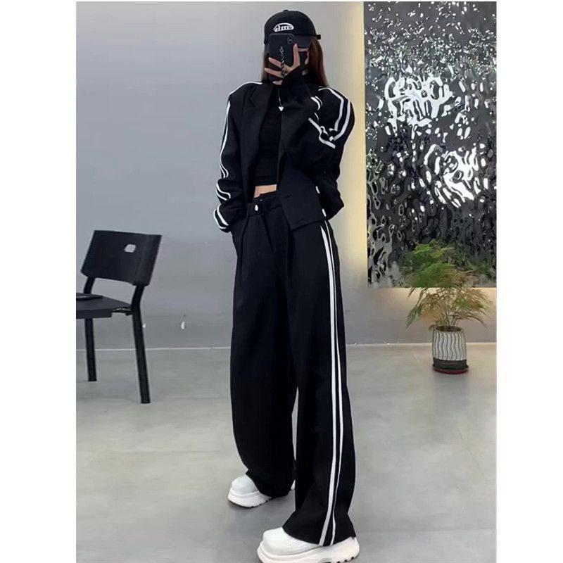 Women's 2025 Spring/Autumn Two-Piece Set: Two-Stripe Blazer & High-Waisted Wide-Leg Pants